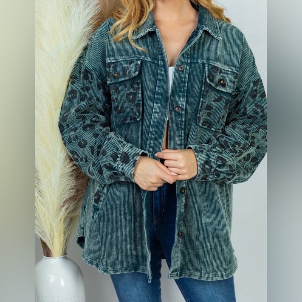 White Birch Blue Corduroy Shacket with Animal Print Accents. 2X